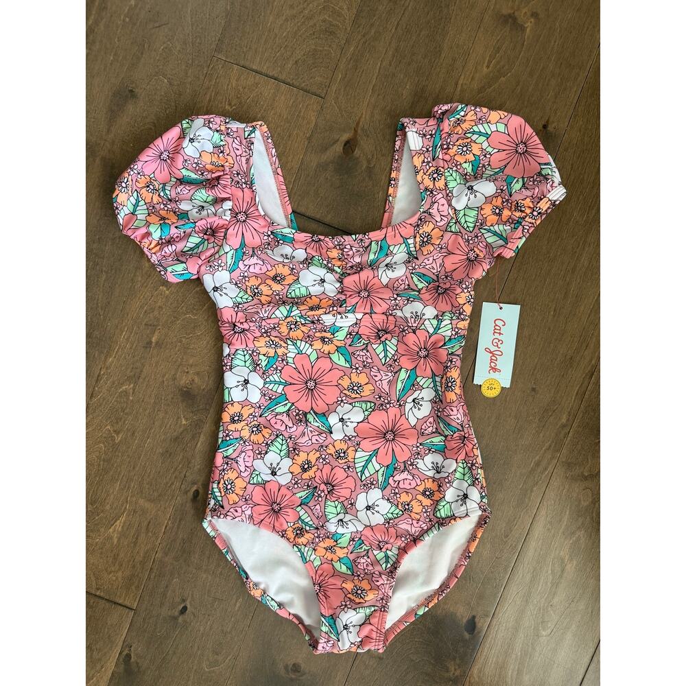 Girls One-Piece Swimsuit Floral Puff Sleeves Sz Large 10/12 NWT